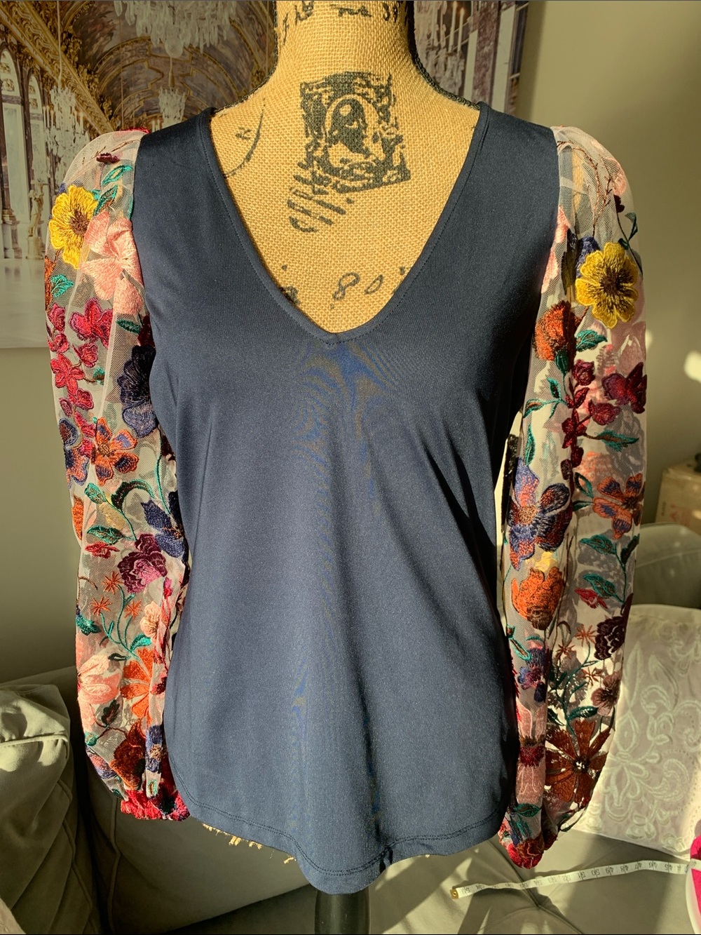 Boston Proper Navy V-Neck Top with Multicolor Embroidered Puff Sleeves